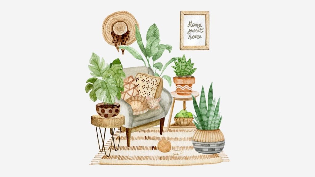 A watercolour scene of a cat sleeping in a Scandinavian styled loungeroom with plants awaiting a cat sitter.