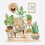 A watercolour scene of a cat sleeping in a Scandinavian styled loungeroom with plants awaiting a cat sitter.
